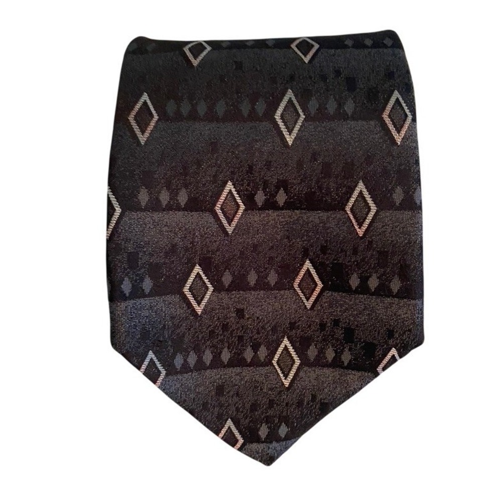 Stringbeans Mens Geometric Diamond Pattern Necktie Grey Black Stripe USA Made